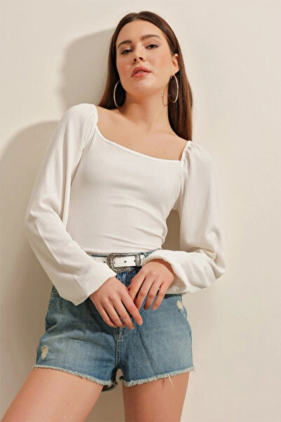 nedo7 0465 Balloon Sleeve Knitted Blouse - White