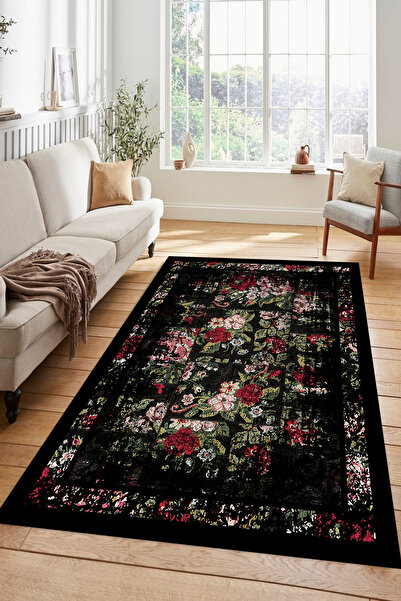 Kessy Home Studio Gül Motifli Siyah Çiçekli Vintage Patchwork Kaymaz Salon Ha...