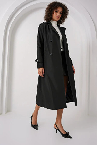 nedo7 5941 Double Breasted Collar Long Trench Coat - Black