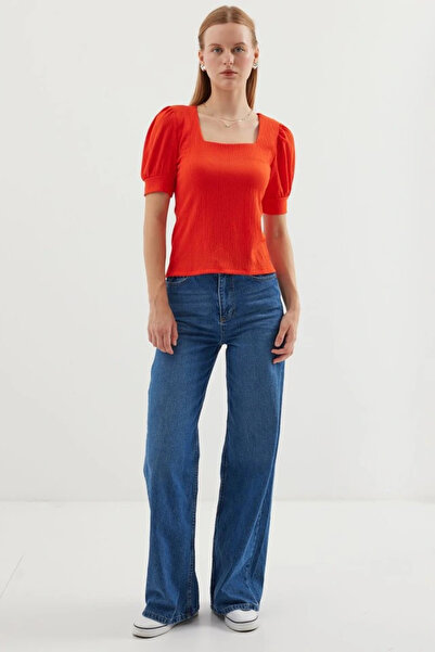 nedo7 0409 Square Neck Knitted Blouse - Orange