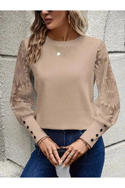 nedo7    Women's Long Sleeve Crew Neck Sleeves Floral Waffle Blouse