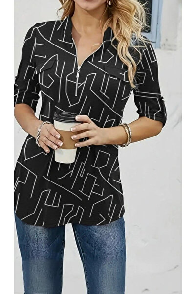 nedo7 Women's Long Sleeve High Neck Zipper Geometric Pattern Single Jersey Blouse