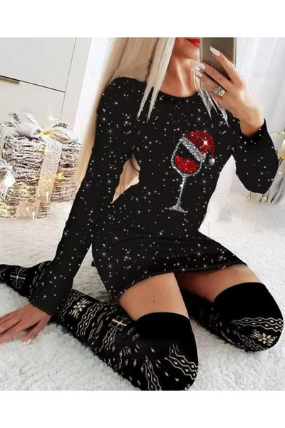 nedo7 Women's long sleeve stone goblet print diver mini length dress