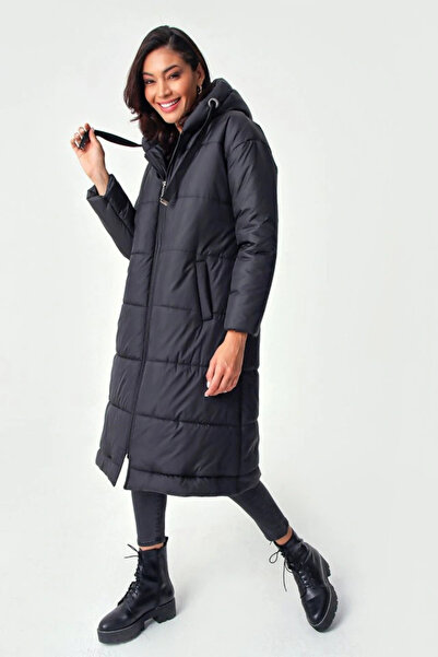 nedo7 5120 Hooded Long Puffer Jacket - Black