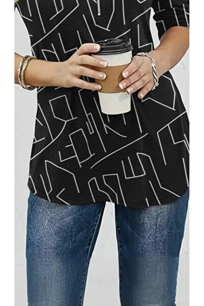 nedo7 Women's Long Sleeve High Neck Zipper Geometric Pattern Single Jersey Blouse