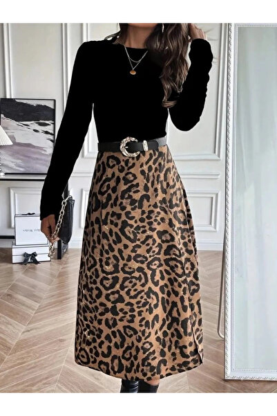 nedo7 Women's Long Sleeve Crew Neck Imported Crepe Blouse Bottom Patterned Modal Midi Dress