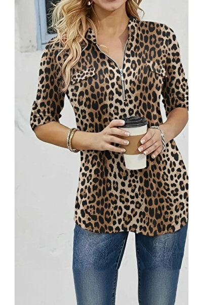 nedo7 Women's Long Sleeve High Neck Zipper Geometric Pattern Single Jersey Blouse