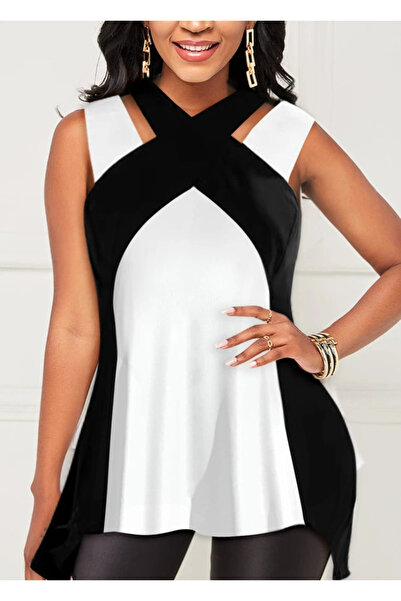 nedo7 Women's Strappy Halter Neck Halter Neck Double Color Viscose Blouse