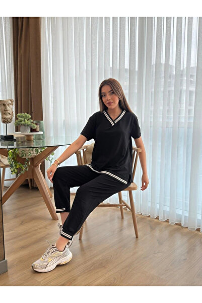 nedo7 Women's Short Sleeve V-Neck Two Thread Blouse and Pants Double Set