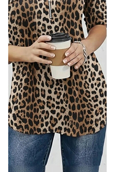 nedo7 Women's Long Sleeve High Neck Zipper Geometric Pattern Single Jersey Blouse