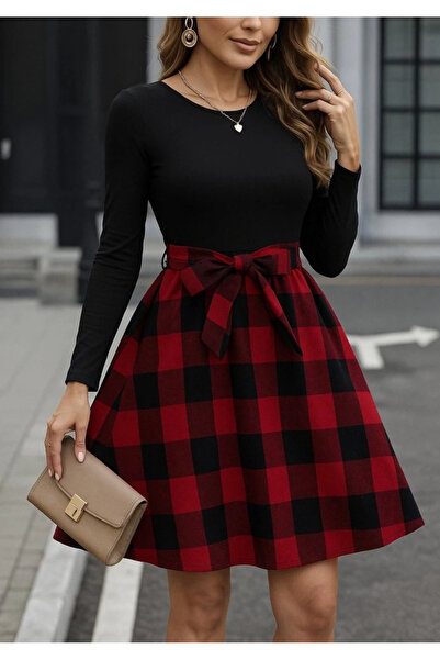 nedo7 Women's long sleeve crewneck top viscose bottom plaid short dress