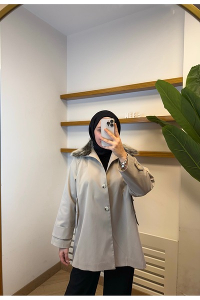 NEF Premium Kürk Yakalı Trençkot – Bej