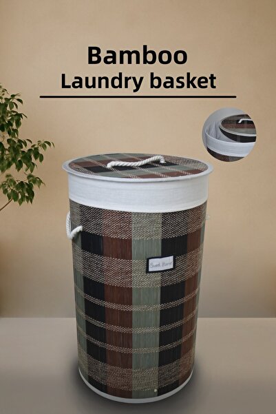 naturelove Καλάθι ρούχων με σχέδια από μπαμπού, πτυσσόμενο, στρογγυλό καλάθι ...