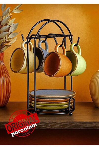 SAMSA Metal Hanging Colorful Porcelain Cup Set for 4 Person