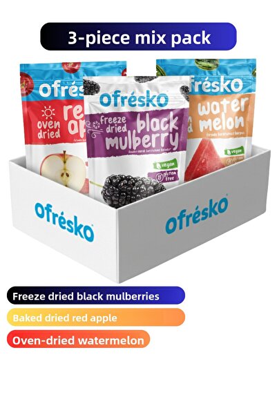 Ofrésko مجموعة متنوعة من رقائق الفواكه المجففة مكونة من 3 قطع - عنب أسود مجفف بالتجميد، تفاح أحمر مجفف في الفرن، بطيخ مجفف في الفرن