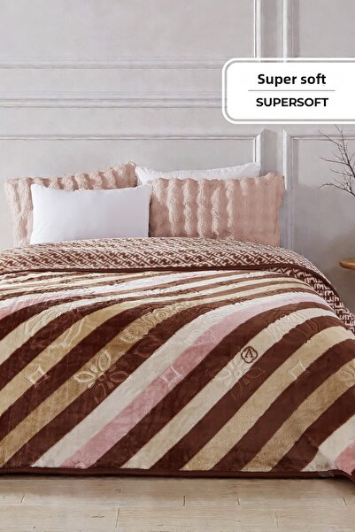 Evlen Home Collection Pătură Lora 3 Kg Embos cu imprimeu dublă groasă moale 210x230 cm maro bej