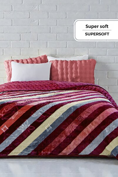 Evlen Home Collection Pătură Lora 3 Kg Embos cu imprimeu dublă groasă moale 210x230 cm pudră burgundă