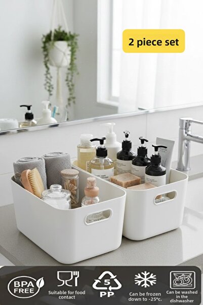 VİALEX Bath 2 Pieces Bathroom Organizer White Color Plastic Multi-Purpose Cab...