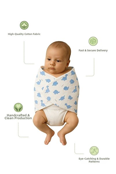 Çimen Butikk Half Swaddle Dinosaur Patterned 0-4 Months 100% Cotton Baby Comb...