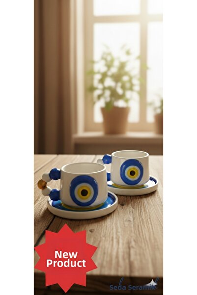 seda seramik طقم فناجين قهوة سيراميك مصنوع يدويًا مطلي بالذهب ومزين بخرز العين الشريرة، مكون من 4 قطع لشخصين، سعة 200 مل.