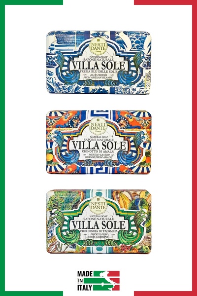 Nesti Dante مجموعة صابون فيلا سول 3*250 جرام |   مجموعة العناية العامة |   فريزيا بلو، فيكو دي إنديا دي تاورمينا، تشينو