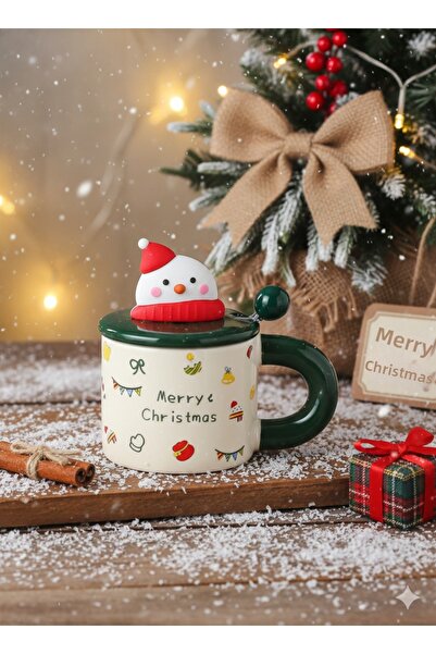 Bam كوب سيراميك مع غطاء وملعقة بتصميم السنة الجديدة