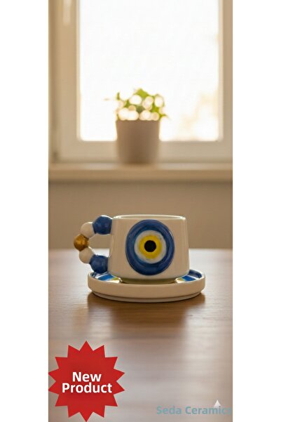 seda seramik Handmade Gilded Evil Eye Beaded Double 2-Piece Ceramic Coffee Cu...