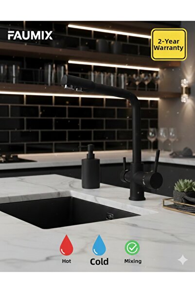 FAUMIX صنبور مطبخ أسود بثلاثة مخارج للمياه الساخنة والباردة (مع ضمان لمدة عامين)
