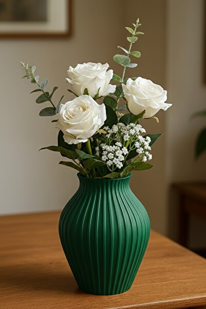 MEK Vază decorativă din plastic în formă largă cu dungi clasice, verde (18x17...