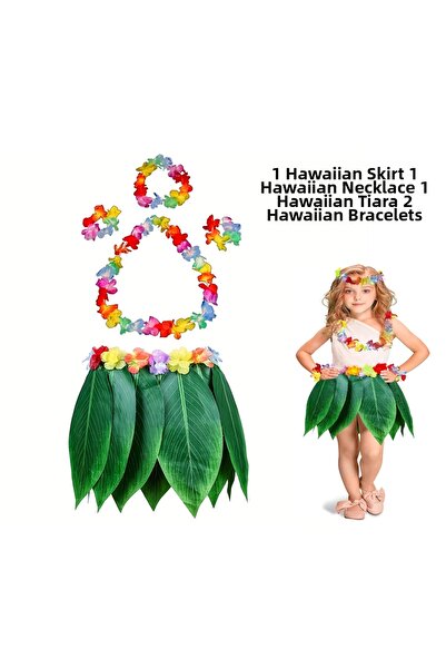 Twin Store Children's Hawaiian Costume Set - Leaf Skirt Hawaiian Set - 5 Pieces