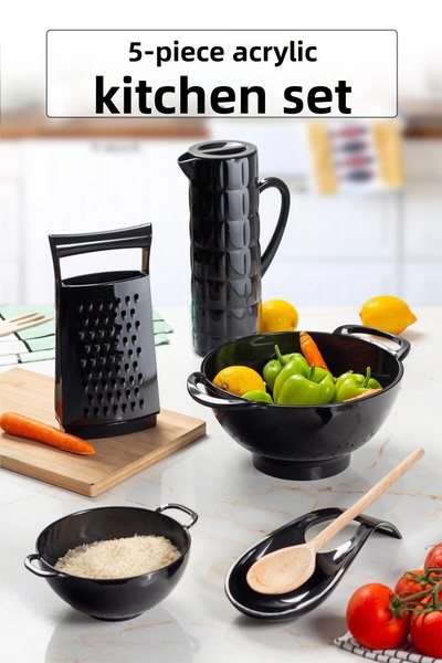 Depa Acrylic Black 5 Piece Pitcher & Grater & Strainer & Mini Strainer & Cutl...