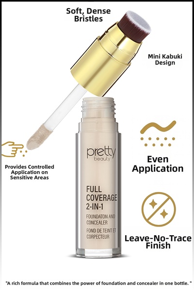 Pretty Beauty كريم أساس وكونسيلر 2 في 1 بتغطية كاملة - تصميم فرشاة خاص - مظهر...