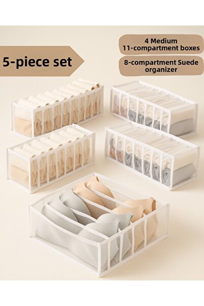 Textia Home Drawer Organizer – Set of 5 – 4×11 Compartments Medium + 1×8 Compartments Bra Organizer