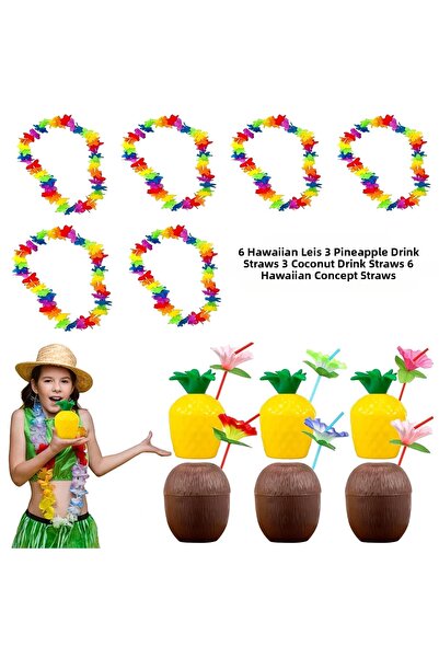 My Reality Fashion لوازم حفلات هاواي الاستوائية - قلادة، مصاصة، مجموعة أكواب