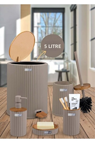 Okyanus Home Set de baie din 5 piese cu model din lemn bej-gri Coliseum cu găleată interioară și pedală