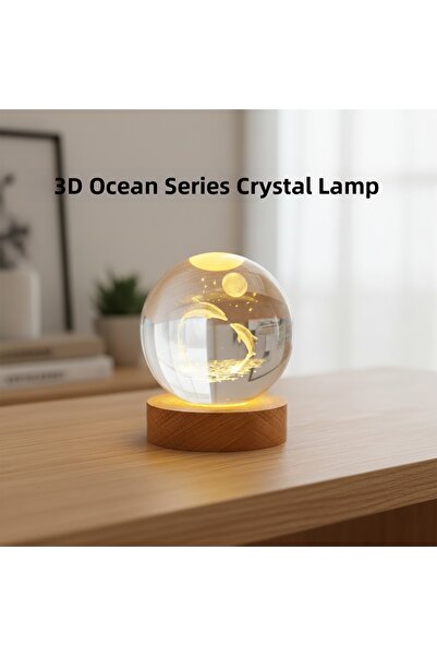 CT STONES كرة كريستالية ثلاثية الأبعاد بنقش الدولفين مع قاعدة خشبية، قطعة ديك...
