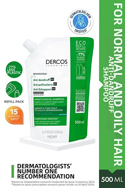 Vichy Dercos 500 ML - Anti-Dandruff Hair Care Shampoo for Oily Hair, Refill Pack