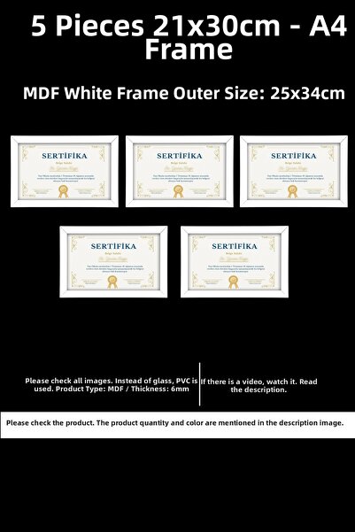 YEDİART 5 Pieces 21X30 Frame - Mdf Frame - Photo Frame - A4 Diploma Frame - C...