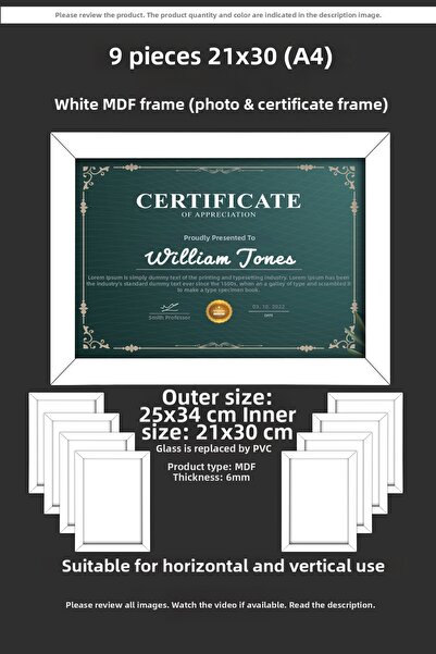 YEDİART 9 Pieces 21X30 Frame - Mdf Frame - Photo Frame - A4 Diploma Frame - C...