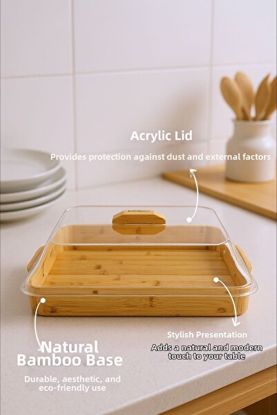 Bambum صينية كيك من الخيزران بغطاء أكريليك من موديكا، مستطيلة صغيرة