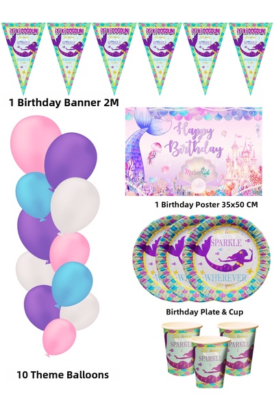 HAPPYLOOPPARTY زينة لحفلات أعياد الميلاد لـ 8 أشخاص بتصميم حورية البحر