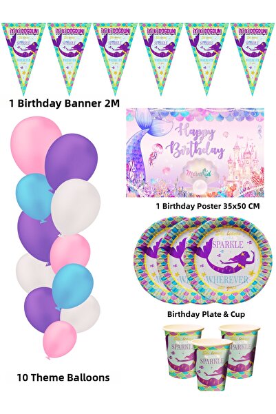 HAPPYLOOPPARTY لوازم وديكورات حفلات أعياد الميلاد لـ 16 شخصًا بتصميم حورية البحر