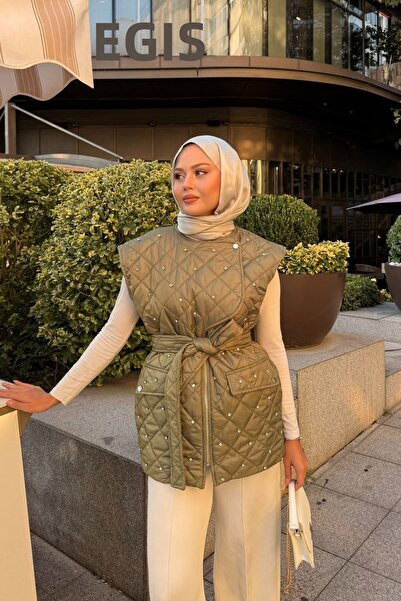 LOCCO Women's Stone Detailed Quilted Vest Khaki Green