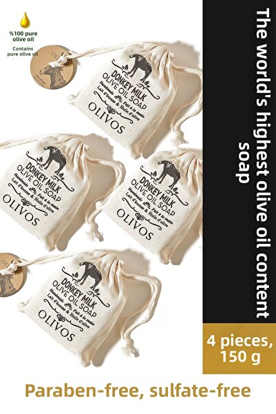 Olivos 150 جرام 4 قطع صابون صلب 100% من حليب الحمار الطبيعي وزيت الزيتون - صابون ترطيب مكثف لليدين