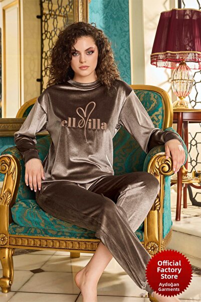 Aydoğan طقم بيجامة مخمل بني - رقبة دائرية، كم طويل - B1-4 - 10194 - Aydogan ®