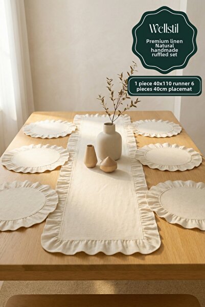Wellstil بيرلا |   طقم أدوات مائدة مكون من 7 قطع مع كشكشة، قطعة واحدة من المفرش 40 × 110 سم - 6 قطع من المفارش الأمريكية 40 سم