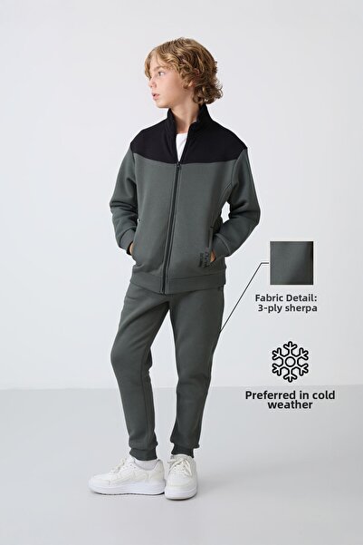 TOMMY LIFE Chlapecká vyšívaná tepláková souprava – khaki bavlna, uvnitř tlust...