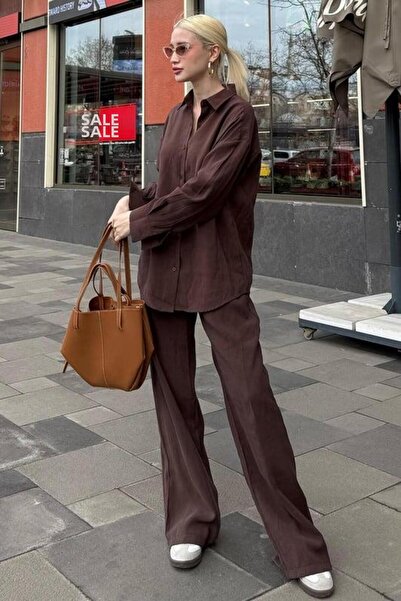 Madmext Bitter Brown Basic Women's Shirt Trousers Double Set Mg2352