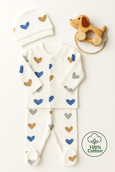 VERONA TARZ Baby Boy Heart Patterned 3-Piece Hospital Discharge Set Newborn O...