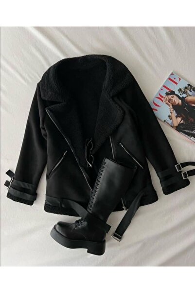 Mekafashion معطف من جلد الغزال مغطى بالكامل بالقطيفة باللون الأسود